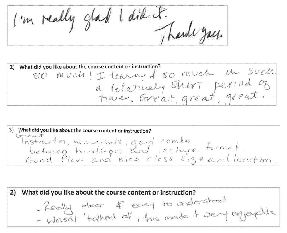 Handwritten student evaluations from Tableau Conference training